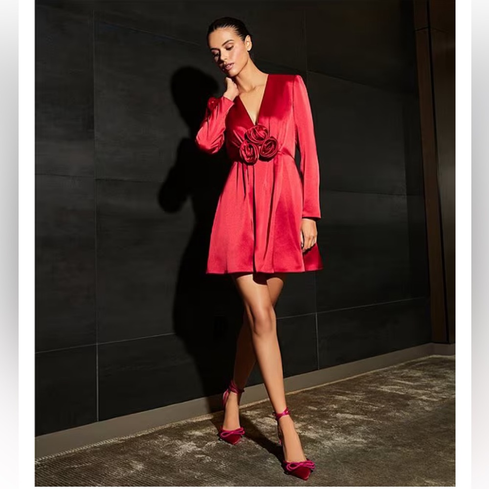 NWT Gianni Bini Bastian Satin V-Neck Rosette Long Sleeve A-Line Dress